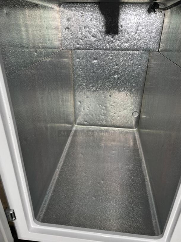 Hisense WFC070M6RWD commercial chest freezer interior; spacious, white, in excellent condition; 115V power.