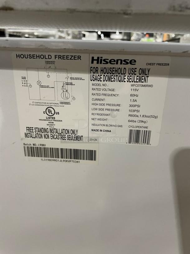 Hisense Model WFC070M6RWD white horizontal chest freezer, 115V, UL listed, made in China, for household use only.