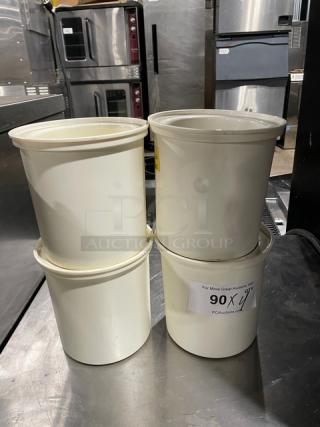 Cambro ColdFest CFR18 white round crocks, commercial grade, stacked in a kitchen setting. Labels show auction details.