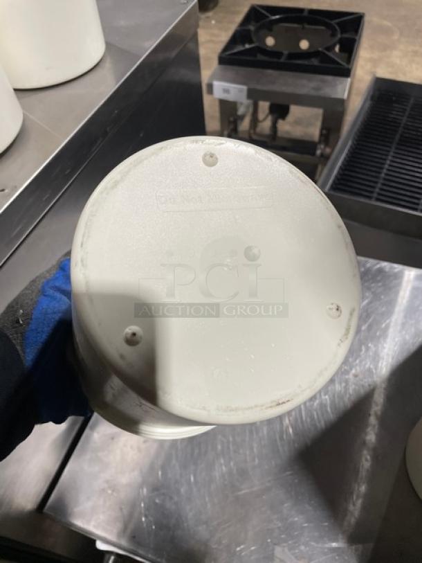 Cambro ColdFest Series white round crock, Model CFR18, used condition. Bottom view shows "Do Not Microwave" marking.