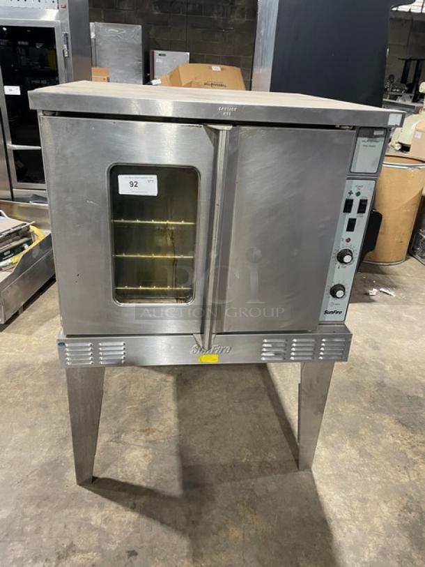 SunFire commercial stainless steel gas convection oven, single stacked, with wired rack, on legs; appears in used condition.