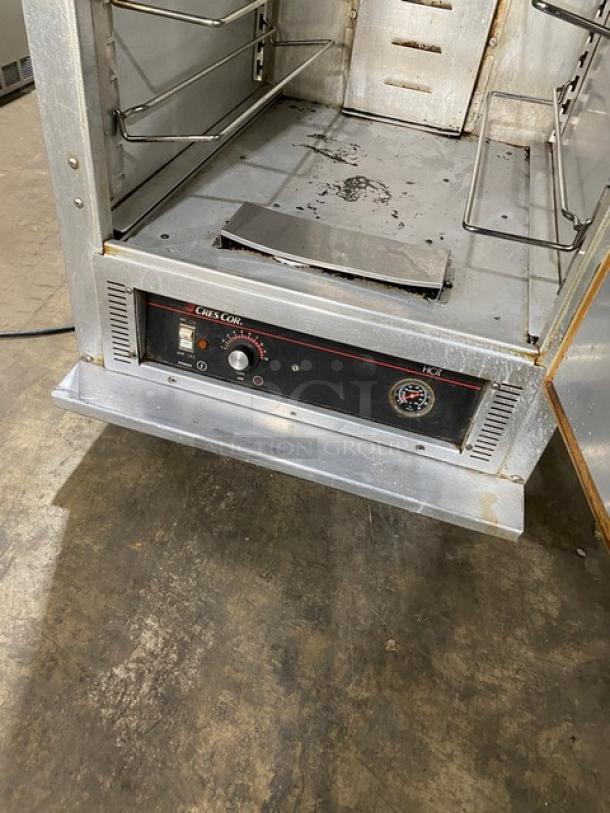 Cres-Cor stainless steel holding/proofing cabinet, model H135UA11, 120V, on casters. Features dial controls, used condition.