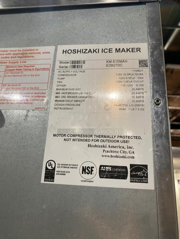 Hoshizaki KM-515MAH ice maker, stainless steel, electric, air-cooled. Energy Star certified, on legs. Model: KM-515MAH.