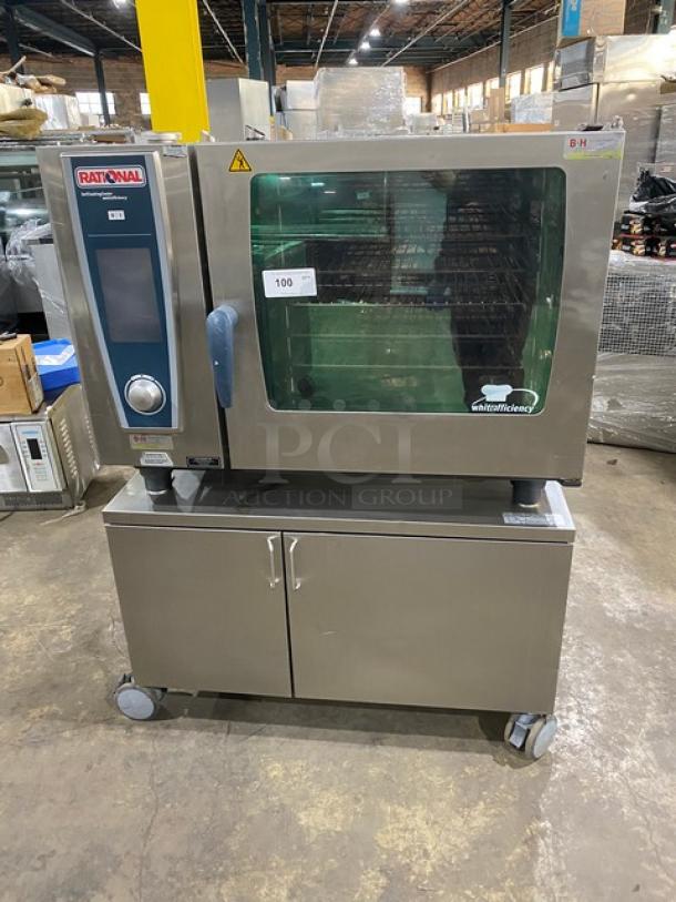 Rational SCCWE62G commercial combi oven, stainless steel, natural gas, 6-pan capacity, on wheeled stand, model SCCWE62G.