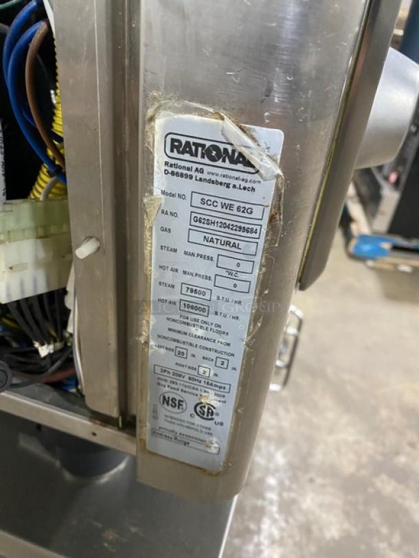Rational SCCWE62G commercial combi oven label, natural gas, model details, NSF certified, on casters, used condition.