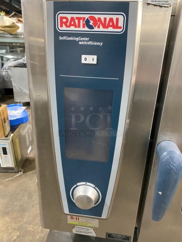 Rational SelfCookingCenter SCCWE62G commercial stainless steel combi oven, natural gas, 6-pan, 208V, on casters with control panel.