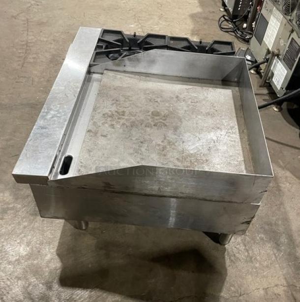 Comstock-Castle stainless steel 2-burner flat griddle range, model FHP3624, with back and side splash, on legs.