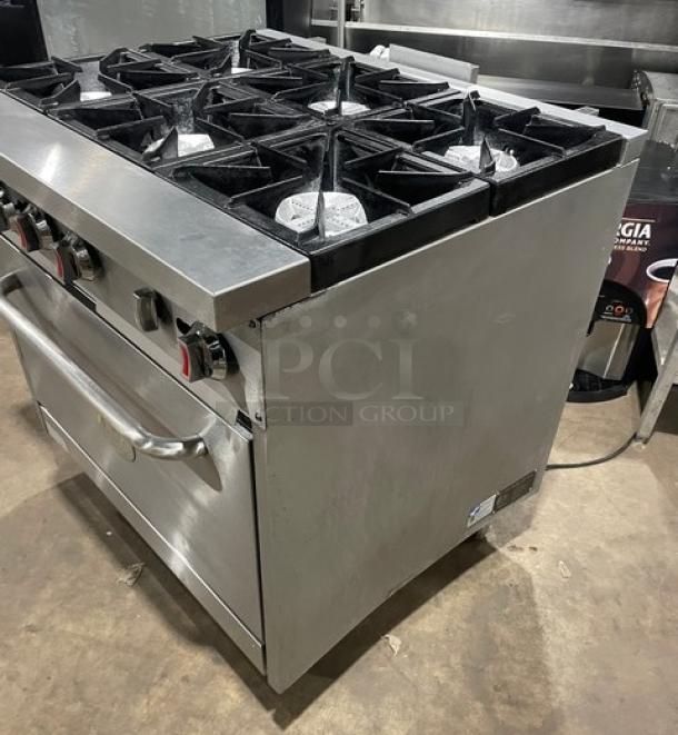 CPG Commercial Stainless Steel 6-Burner 36" Range/Oven Combo, Model 351S36N. Natural gas, wired oven rack, good condition.