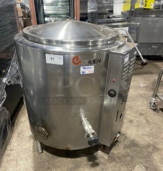 Groen AH140 steam jacketed kettle, 40 lb capacity, stainless steel, natural gas powered, on legs, working condition, serial 49571.