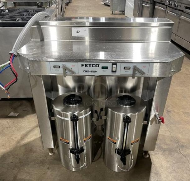 Fetco CBS-62H commercial stainless steel twin coffee brewer with hot water dispenser, electric-powered, on legs, model CBS62H.
