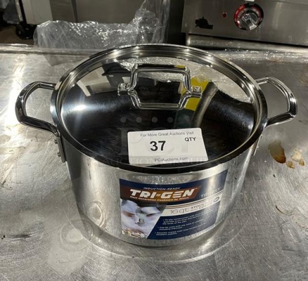 NEW Winco TGSP-16 16 Qt. Induction-Ready Aluminum Stock Pot with Lid, in pristine condition, visible label states model and features.