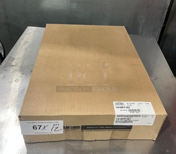 New Cambro 14"x18" brown fast food serving tray, Model 1418FF167, in original packaging. Box labeled with model info.