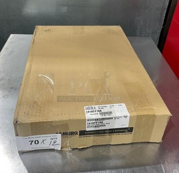 Boxed Cambro Commercial Blue 14x18" Tray, Model 1418FF168, new condition, labeled for auction with quantity 12 per bid.