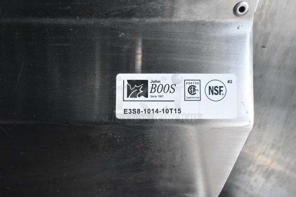Label on commercial kitchen equipment by John Boos, showing model E3S8-1014-10T15, NSF and sanitation certification.