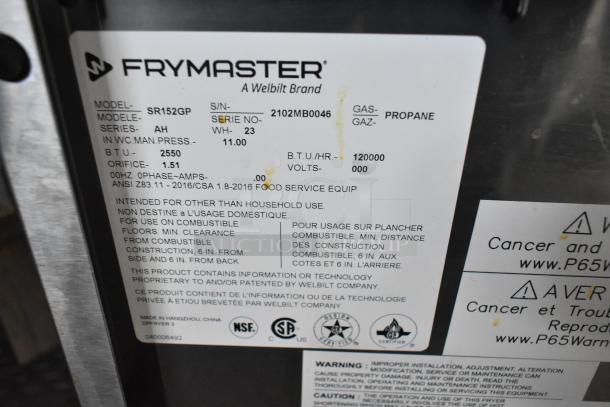 Frymaster label on commercial kitchen equipment, model SR152GP, propane gas, 120000 BTU/hr, for food service use.
