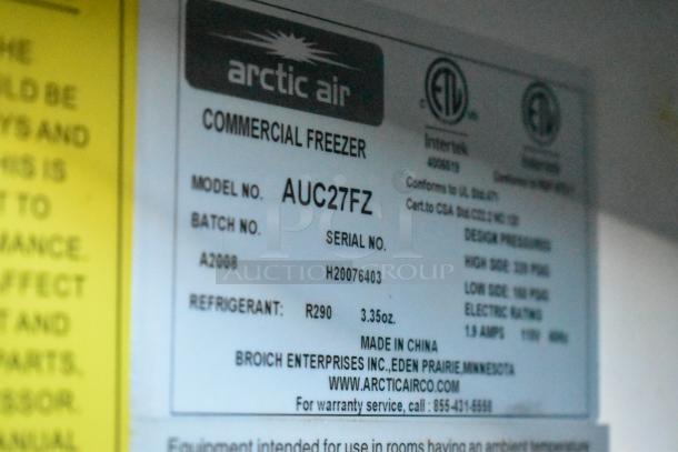 Label on Arctic Air commercial freezer, model AUC27FZ, batch A2008, serial H20076403, using R290 refrigerant.