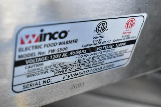 Label of Winco Electric Food Warmer Model FW-S500, 120V, 1200W, with cautions and serial number FWS5001008106.