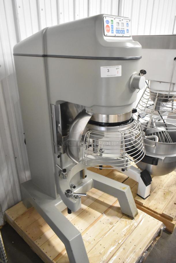 Brand new Globe SP80 80-quart planetary dough mixer with bowl guard, 220 volts, 3-phase, metal, commercial floor model.