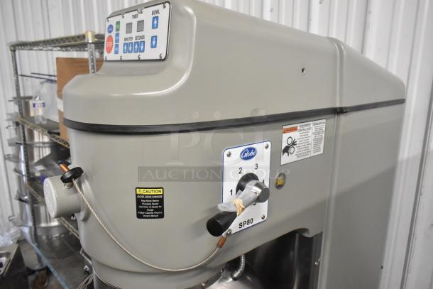 BRAND NEW Globe SP80 commercial planetary dough mixer, metal construction, 80 quart capacity, with bowl guard, 220V, 3 phase.