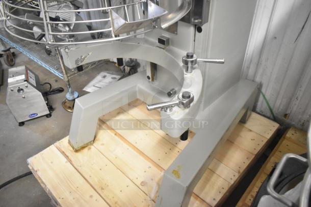 Brand new Globe SP80 commercial dough mixer, 80-quart capacity, with bowl guard. 220V, 3-phase power.