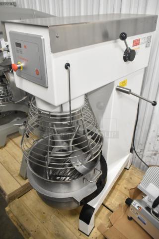 Brand new Varimixer V80A 80-quart dough mixer with bowl, guard, whisk, dough hook, and pastry attachments. 208V, 3 phase.