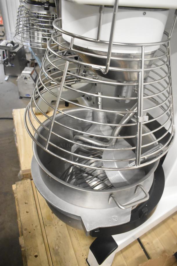 Brand new Varimixer V80A 80-quart planetary dough mixer with bowl, guard, whisk, dough hook, and pastry attachments.