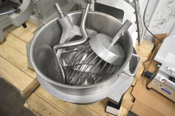 Brand new Varimixer V80A commercial 80-qt dough mixer with bowl, guard, whisk, dough hook, pastry attachments. 208V, 3 phase.