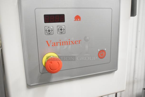 Varimixer V80A control panel with digital display, emergency stop, and power button, showcasing its commercial 80 qt capacity.