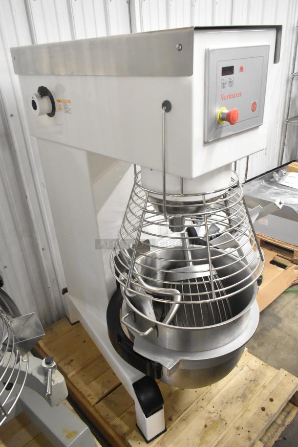 Brand new Varimixer V80A 80-quart dough mixer with bowl guard, whisk, dough hook, and pastry attachments. 208V, 3-phase.