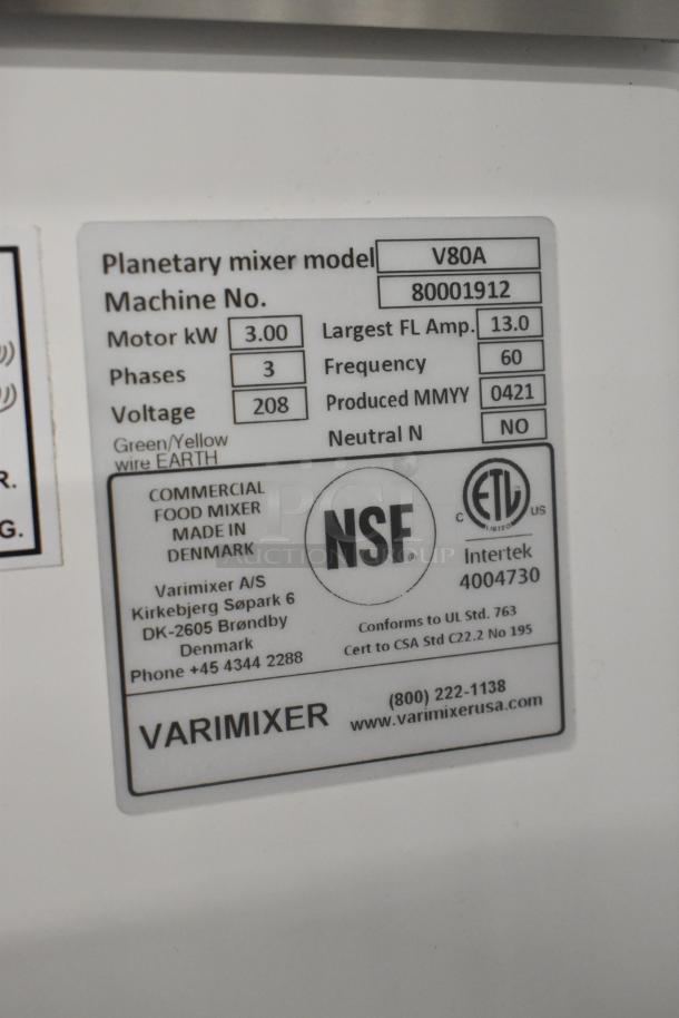 Varimixer V80A commercial dough mixer label; model V80A, 208V, 3-phase, NSF certified, made in Denmark.