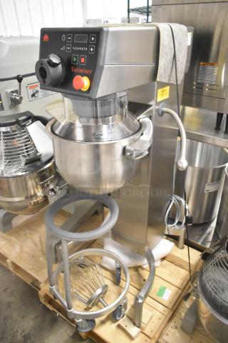 Brand new Varimixer V20K 20-quart dough mixer with bowl, guard, whisk, and dolly. 208V, 3-phase, commercial-grade.