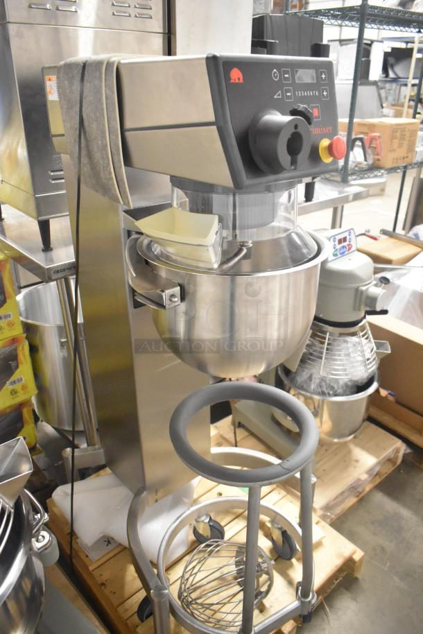 "Brand new Varimixer V20K 20 Quart commercial mixer with bowl, guard, whisk, and dolly, 208V, 3 phase; stainless steel."