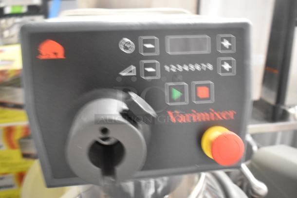 BRAND NEW Varimixer V20K 20 Quart Dough Mixer with mixing bowl, guard, whisk, and dolly. 208V, 3-phase. Control panel visible.
