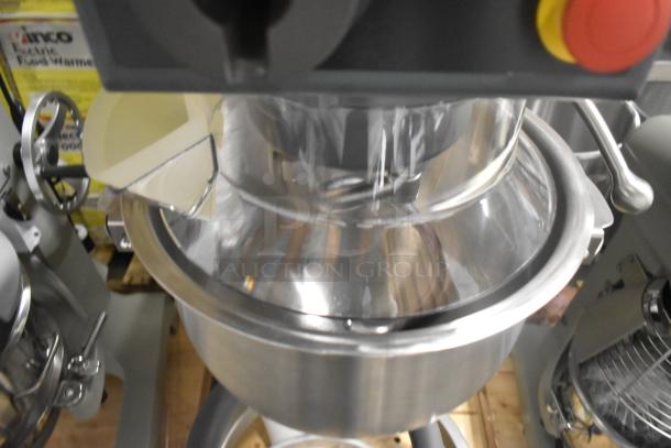 Brand new Varimixer V20K 20-quart dough mixer with bowl, bowl guard, whisk, and mixing bowl dolly, 208V, 3-phase.