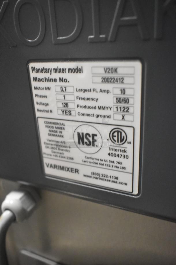 Varimixer V20K metal commercial dough mixer label showing model and specifications, including 20 quart capacity, 208 volts, 3 phase.