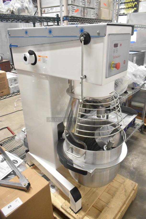 Brand new 2022 Varimixer V60A 60 Quart Planetary Dough Mixer with bowl, guard, whisk, dough hook; 208V, 3 Phase.
