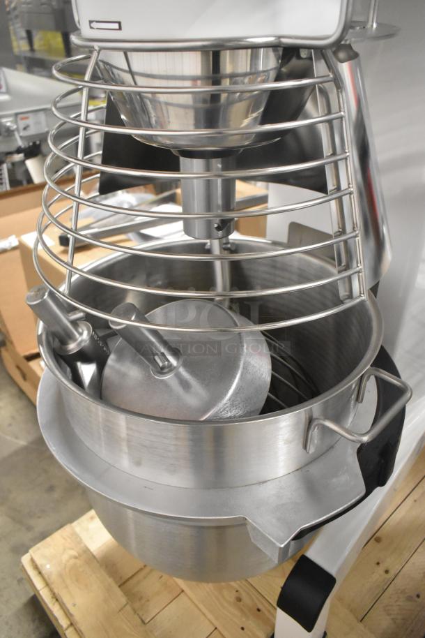 Brand new 2022 Varimixer V60A 60 Quart planetary dough mixer with bowl, guard, whisk, dough hook, and pastry attachments.