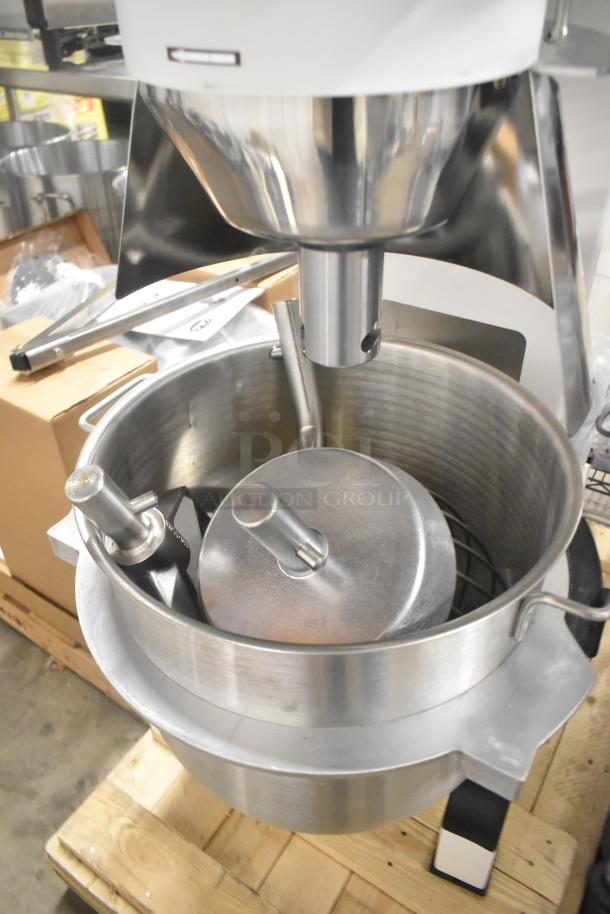Brand new 2022 Varimixer V60A 60 quart metal commercial dough mixer with bowl, whisk, dough hook, and pastry attachments.