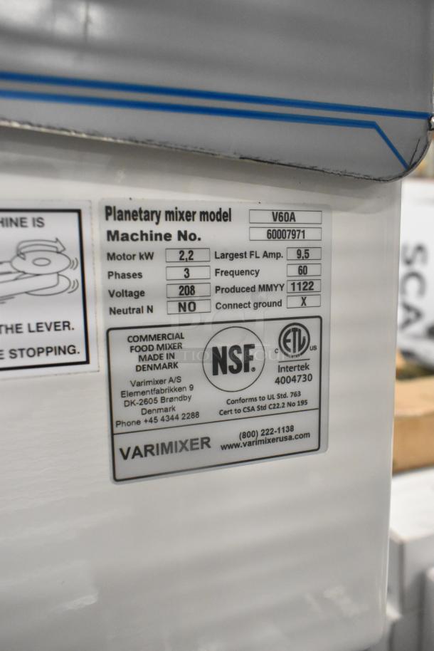 2022 Varimixer V60A 60 Qt planetary dough mixer, metal body, bowl, guard, attachments, 208V, 3-phase, NSF certified.