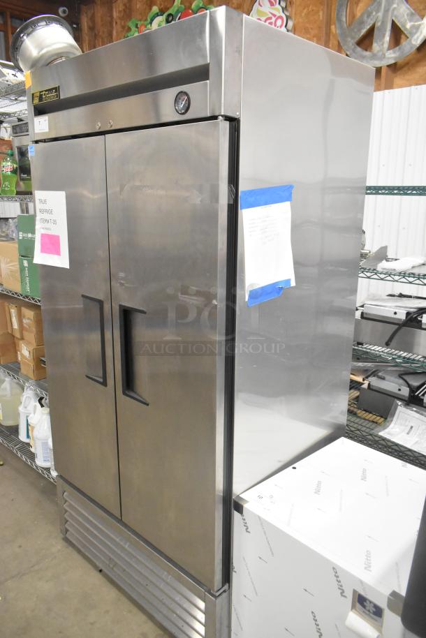 True T-35 stainless steel commercial 2-door reach-in cooler, 115 volts, 1 phase, excellent condition with visible temperature gauge.