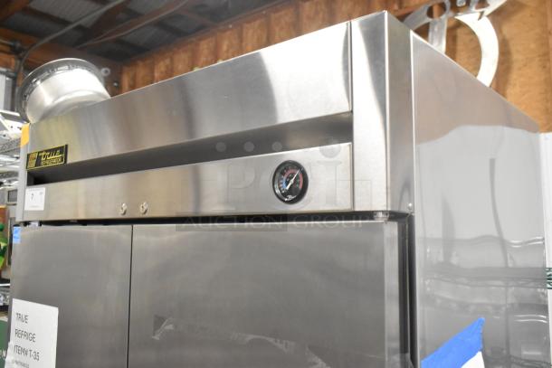 True T-35 Stainless Steel Commercial 2 Door Reach In Cooler, 115 Volts, 1 Phase, with visible temperature gauge and True branding.