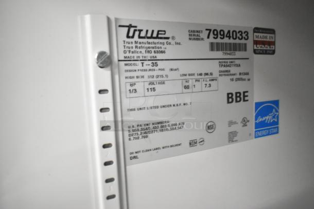 True T-35 stainless steel 2-door reach-in cooler label. 115 volts, 1 phase. Energy Star and NSF certified. Made in USA. Model T-35.