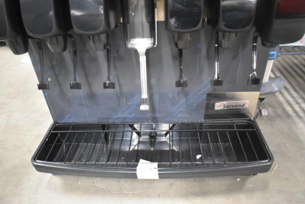 Servend SV150 Stainless Steel Countertop Beverage Machine, 6 flavors, 115V, 1-phase. Features drip tray and brand logo.