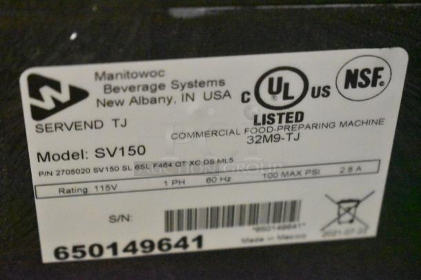Servend SV150 stainless steel 6-flavor carbonated beverage machine. Commercial use, 115V, model label shown with specifications.
