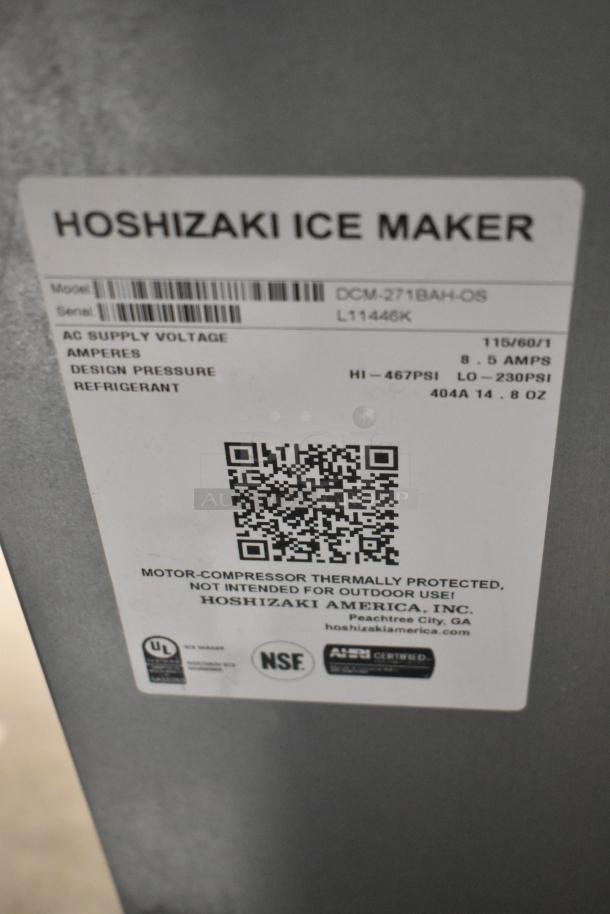 Hoshizaki DCM-271BAH-OS Ice Maker label with model info, voltage, amperage, design pressure, and refrigerant details.