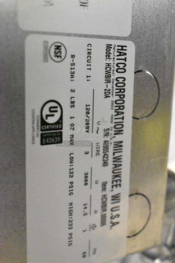 Hatco HCWBIR-2DA dual temperature food well label. Shows model, voltage, and safety certifications.
