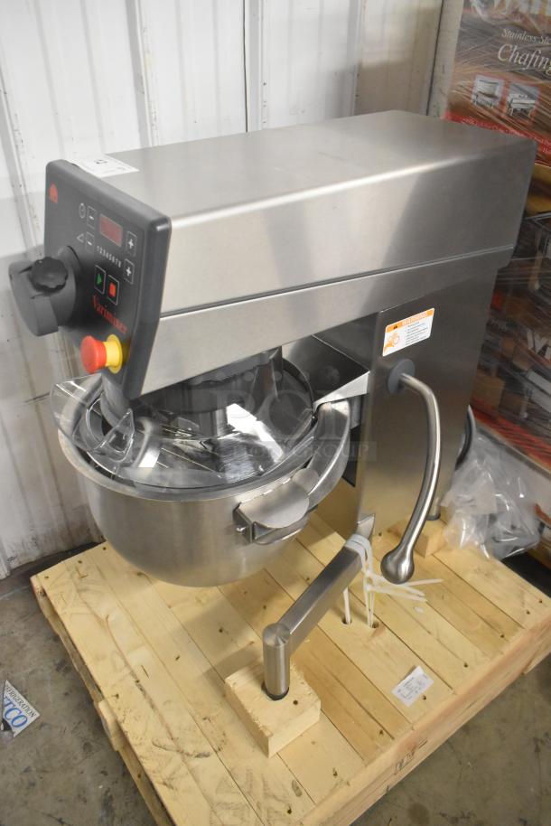 Brand new Varimixer V20KT 20 Qt dough mixer, planetary style, with mixing bowl and guard. Metal finish, 120V, 1 phase.