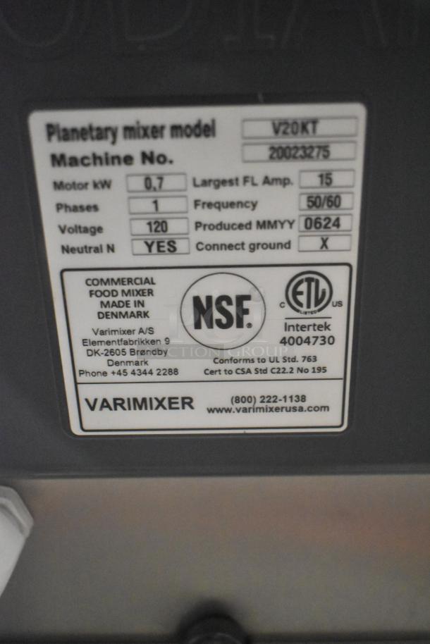 2024 Varimixer V20KT metal commercial dough mixer label, 120V, 1 phase, NSF certified, made in Denmark.