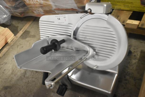 Brand new Globe G12 stainless steel commercial meat slicer, 13" blade, manual operation, includes blade sharpener, 115V.