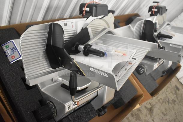 Brand new Globe S13A stainless steel 13" heavy-duty manual meat slicer with blade sharpener, 110V, 1 phase.